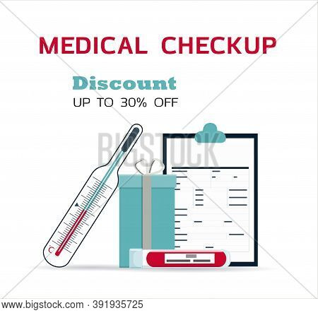 Medical Poster With Medicines, Test Tubes And A Thermometer. Advertising Online Pharmacies Or Remote