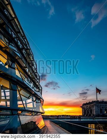 Berlin, Germany - 19 September 2020: Roof terrace and dome of the Reichstag Building