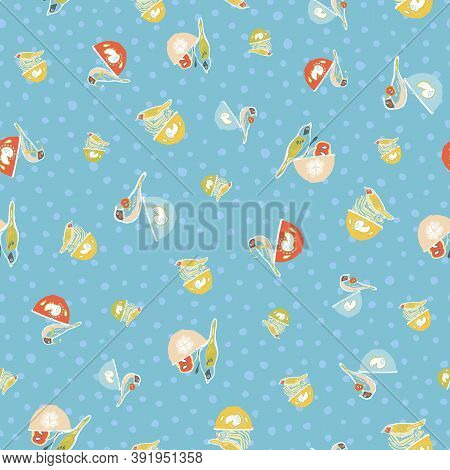 Vintage Kitchen Seamless Dotted Pattern, Cute Birds And Bowl, Trendy Design On Textured Blue Backgro