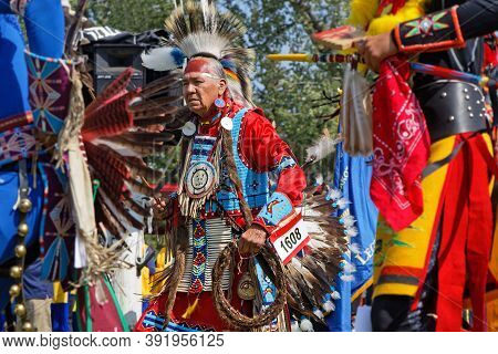 Bismark, North Dakota, September 8, 2018 : A Dancer Of The 49th Annual United Tribes Pow Wow, One La