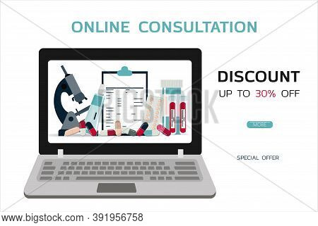 Medical Poster With Medicines, Test Tubes And A Thermometer. Advertising Online Pharmacies Or Remote