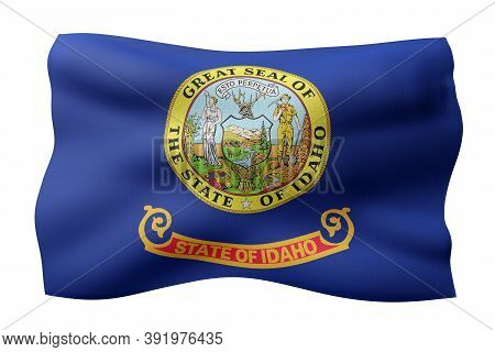 3d Rendering Of A Detailed And Textured Idaho Usa State Flag On White Background.