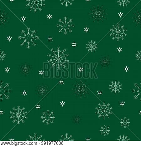 Seamless Pattern - Different Snowflakes On A Green Background.