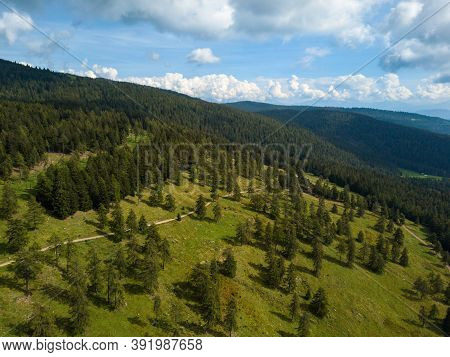 Aerial View On Beautiful Mountain Scenario With Lush Forests Along The Meraner Hoehenweg Near Meran 