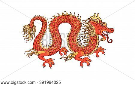 Traditional Red And Golden Chinese Dragon, Cartoon Vector Illustration Isolated