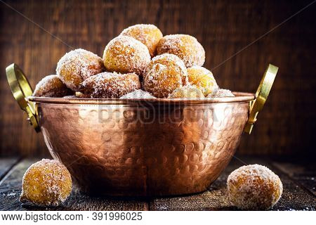 Homemade Dumplings In Antique Copper Pot, Traditional Croatian Cookies Called Fritule