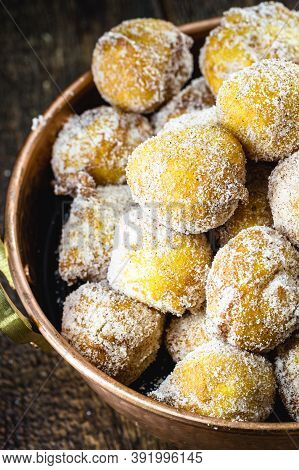 Homemade Dumplings In Antique Copper Pot, Traditional Croatian Cookies Called Fritule