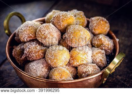 Homemade Dumplings In Antique Copper Pot, Traditional Croatian Cookies Called Fritule