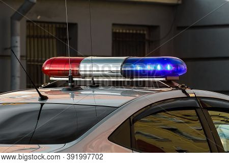 Police Car Flashers Close Up. Patrol Car Lights. Traffic Accident.