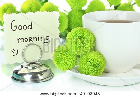Crisantemo verde hermoso con una taza de té, aislado en blanco