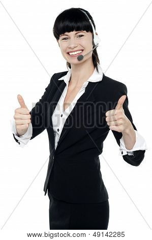 Gorgeous Telecaller Showing Double Thumbs Up
