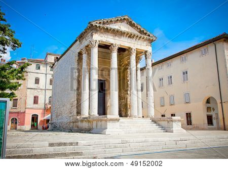 Roman small temple of Augustus in the Forum place, Pula, Croatia.