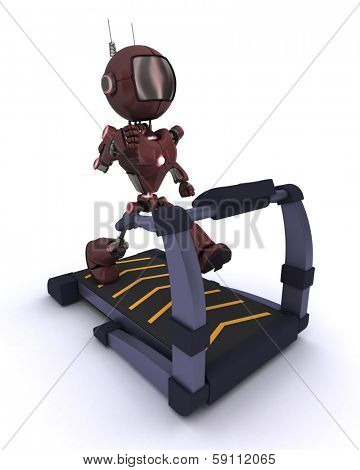 3D render of an Andriod at the gym running on a treadmill