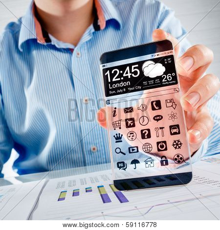Smart phone (phablet) with a transparent display in human hands. Concept actual future innovative ideas and best technologies humanity.