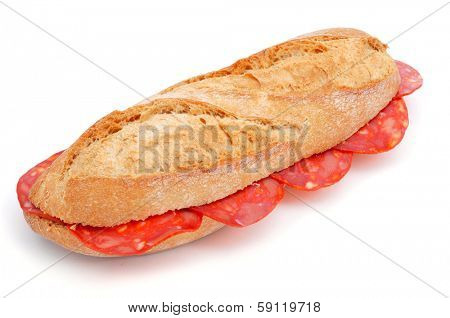 closeup of a spanish bocadillo de chorizo, a chorizo sandwich, on a white background