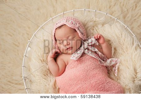 Newborn Baby Girl In Basket Wearing A Pink Bonnet