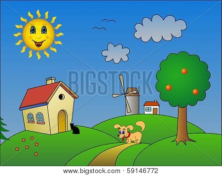 Landscape with happy sun