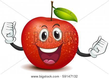 Illustration of a smiling crunchy apple on a white background