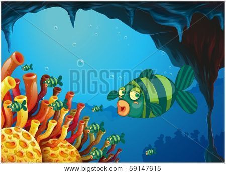 Illustration of a school of stripe-colored fishes under the sea