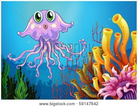 Illustration of a cute jellyfish near the coral reefs on a white background