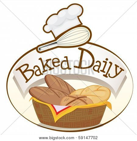 Illustration of a baked daily label with a basket of breads on a white background