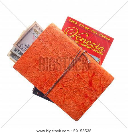 Travel Arrangement of Dollars , Venice Map and notepad diary