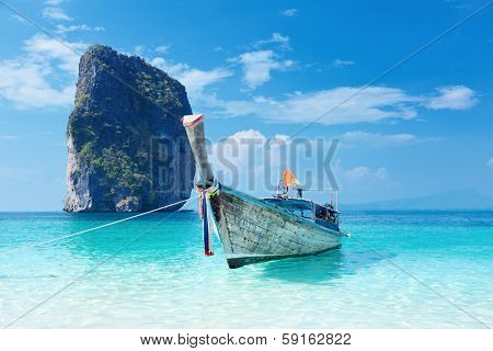 Fishing thai boat and landmark at Poda island, Krabi Province, Andaman Sea, South of Thailand 
