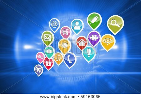 Global technology background against glowing envelopes on black background