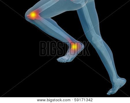 Conceptual 3D human man anatomy or health design, joint or articular pain, ache or injury isolated on black background, for medical, fitness, medicine, bone, care, hurt, osteoporosis,arthritis or body