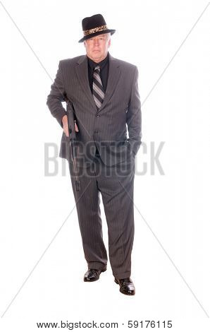 Gangster with sub-machine gun isolated on white