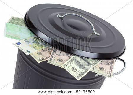 Euro and Dollar banknotes in a trash can