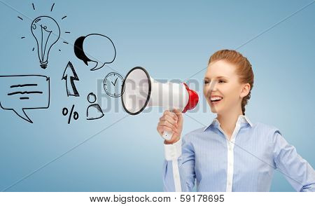 communication concept - woman with megaphone over blue background