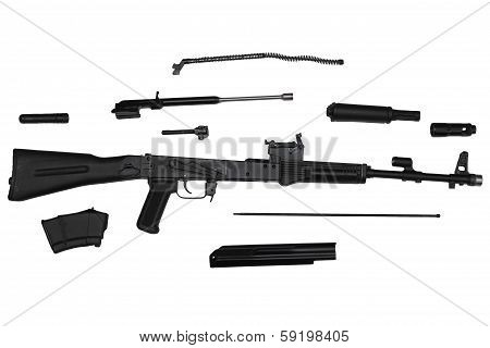 Assault Rifle Disassembled Into Parts Left Side View Isolated On White