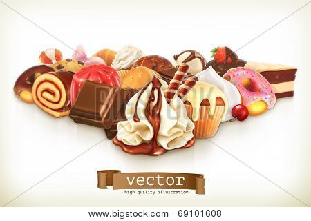 Sweet dessert with chocolate, confectionery vector illustration