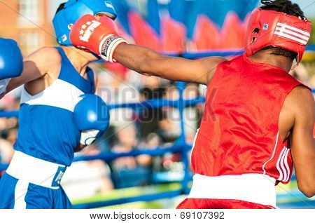 A Boxing Match Javier Ibanez, Cuba And Malik Bajtleuov, Russia. Defeated Javier Ibanez