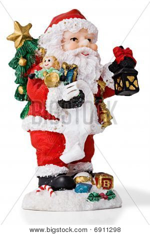 Santa con campanas Carring presenta. Aislado en blanco
