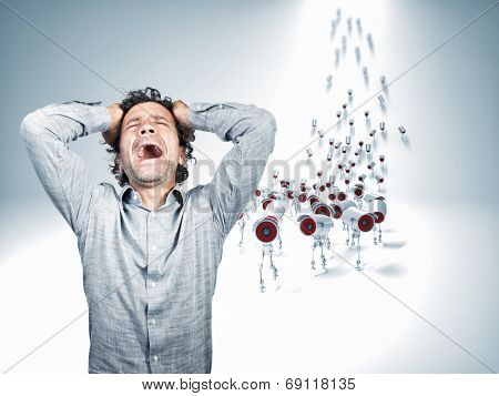 stressed man and ccvt camera robot