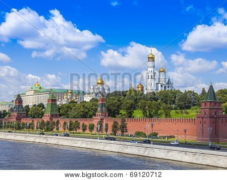 Moscow, Russia, on July 26, 2014. View of the Kremlin and Kremlevskaya Embankment of the Moskva Rive