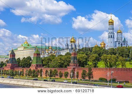 Moscow, Russia, on July 26, 2014. View of the Kremlin and Kremlevskaya Embankment of the Moskva Rive