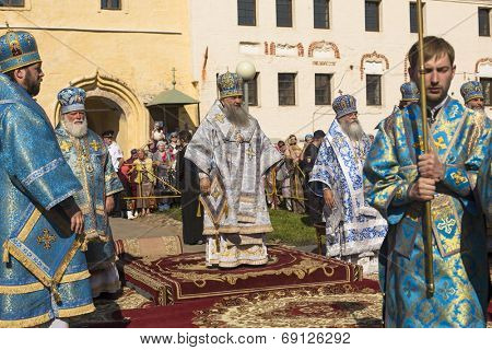 TIKHVIN, RUSSIA - JULY 9, 2014: Bishop Tikhvin and Lodeinopolskiy Mstislav celebrate Orthodox divine Liturgy on occasion celebrations of 10th anniversary of return of Tikhvin icon of Mother of God.