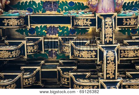 Beautiful detailed photo of a very complex Japanese roof and truss. 