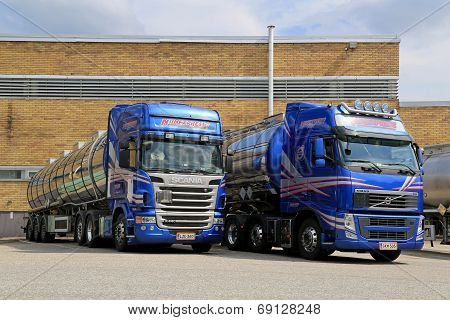 Blue Scania And Volvo Tanker Trucks