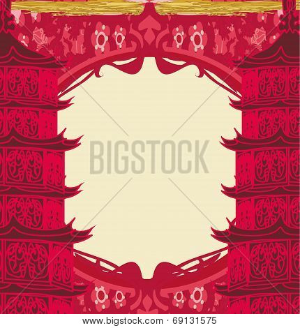 Abstract Card With Asian Buildings, Vintege Frame