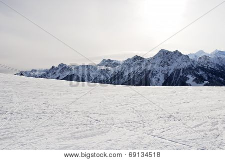 Skiing Zone On Snow Mountain In Dolomites, Italy