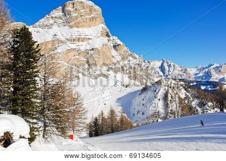 Skiing Tracks And Slope Of Dolomites Mountains