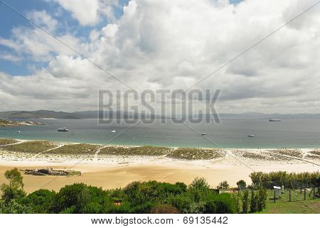 Ship Moored In Bay On Cies Islands , Spain
