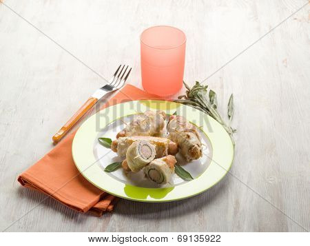 stuffed roll with wurstel and sage