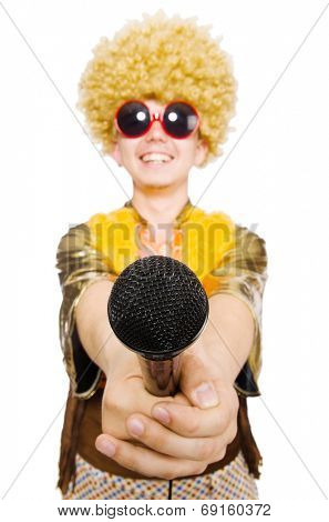 Man with afrocut and mic isolated on white
