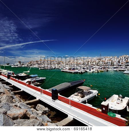 Luxury yachts and motor boats in Puerto Banus marina in Marbella, Spain