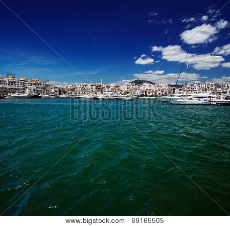 Luxury yachts and motor boats in Puerto Banus marina in Marbella, Spain